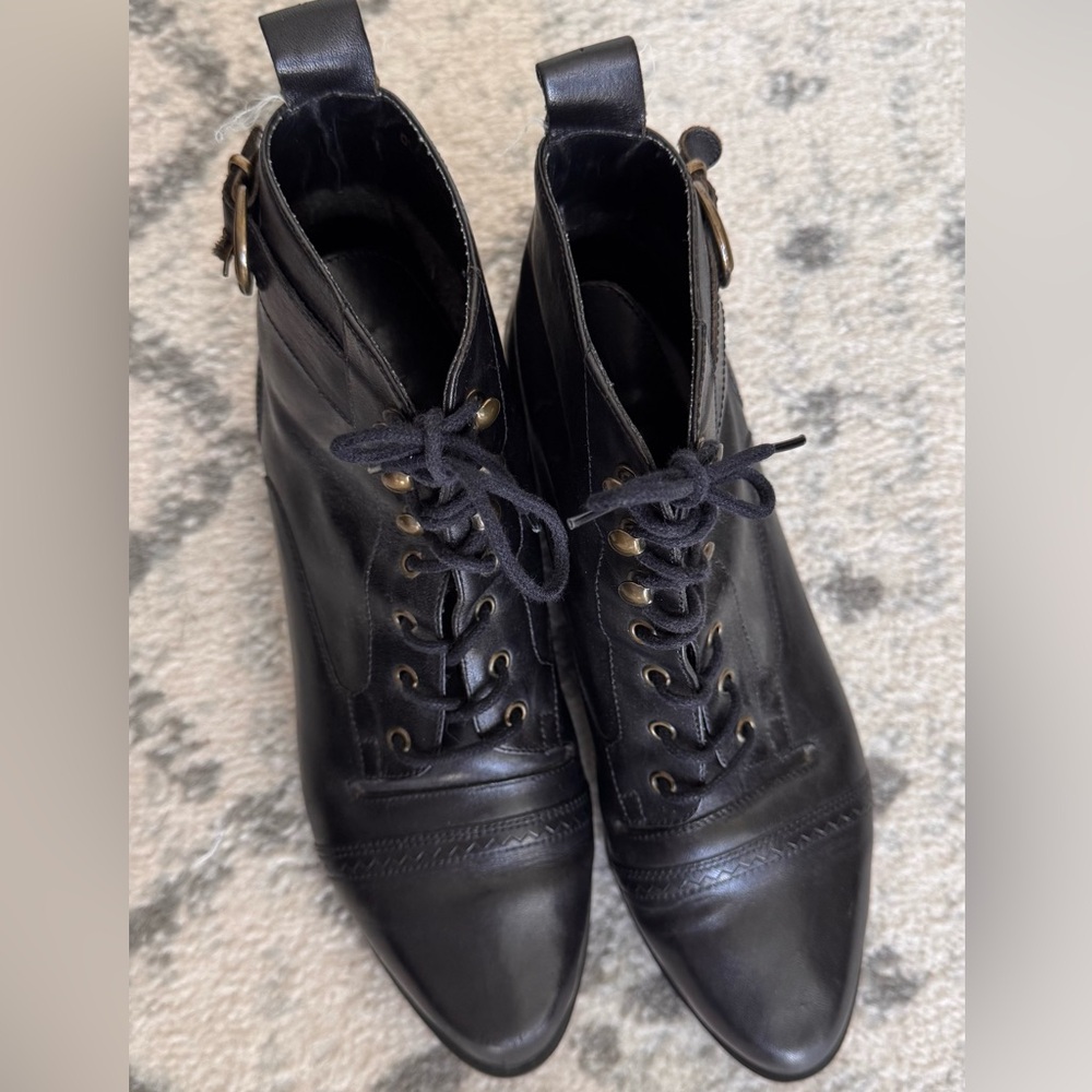 Women's Black Lace-Up Ankle Boots with Buckle Accent
